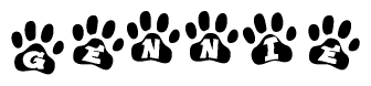 The image shows a series of animal paw prints arranged in a horizontal line. Each paw print contains a letter, and together they spell out the word Gennie.