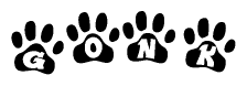 The image shows a series of animal paw prints arranged in a horizontal line. Each paw print contains a letter, and together they spell out the word Gonk.