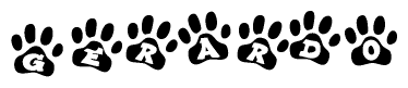 The image shows a series of animal paw prints arranged in a horizontal line. Each paw print contains a letter, and together they spell out the word Gerardo.