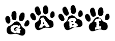 The image shows a row of animal paw prints, each containing a letter. The letters spell out the word Gabi within the paw prints.