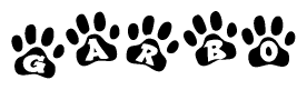 The image shows a series of animal paw prints arranged in a horizontal line. Each paw print contains a letter, and together they spell out the word Garbo.