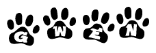 The image shows a series of animal paw prints arranged in a horizontal line. Each paw print contains a letter, and together they spell out the word Gwen.