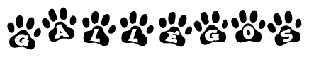 The image shows a series of animal paw prints arranged horizontally. Within each paw print, there's a letter; together they spell Gallegos