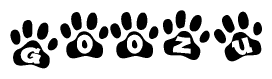 The image shows a series of animal paw prints arranged in a horizontal line. Each paw print contains a letter, and together they spell out the word Goozu.