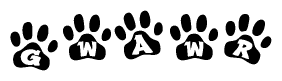 The image shows a series of animal paw prints arranged in a horizontal line. Each paw print contains a letter, and together they spell out the word Gwawr.