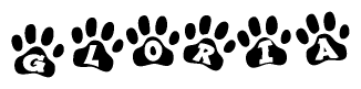 The image shows a row of animal paw prints, each containing a letter. The letters spell out the word Gloria within the paw prints.