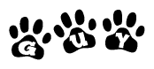 The image shows a series of animal paw prints arranged in a horizontal line. Each paw print contains a letter, and together they spell out the word Guy.