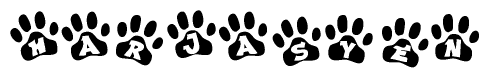 The image shows a series of animal paw prints arranged horizontally. Within each paw print, there's a letter; together they spell Harjasyen