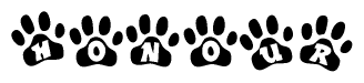 The image shows a series of animal paw prints arranged horizontally. Within each paw print, there's a letter; together they spell Honour