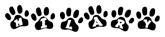 The image shows a row of animal paw prints, each containing a letter. The letters spell out the word Hilary within the paw prints.