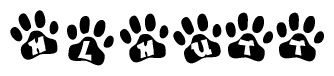 The image shows a series of animal paw prints arranged in a horizontal line. Each paw print contains a letter, and together they spell out the word Hlhutt.