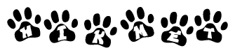 The image shows a series of animal paw prints arranged in a horizontal line. Each paw print contains a letter, and together they spell out the word Hikmet.
