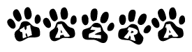 The image shows a row of animal paw prints, each containing a letter. The letters spell out the word Hazra within the paw prints.