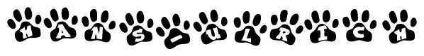 The image shows a row of animal paw prints, each containing a letter. The letters spell out the word Hans-ulrich within the paw prints.