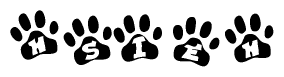 The image shows a row of animal paw prints, each containing a letter. The letters spell out the word Hsieh within the paw prints.