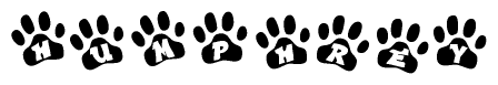 The image shows a series of animal paw prints arranged in a horizontal line. Each paw print contains a letter, and together they spell out the word Humphrey.