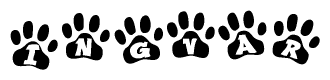 The image shows a row of animal paw prints, each containing a letter. The letters spell out the word Ingvar within the paw prints.