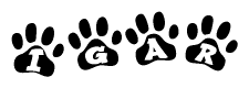 The image shows a row of animal paw prints, each containing a letter. The letters spell out the word Igar within the paw prints.