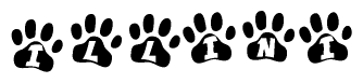 The image shows a row of animal paw prints, each containing a letter. The letters spell out the word Illini within the paw prints.