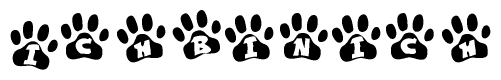 The image shows a series of animal paw prints arranged in a horizontal line. Each paw print contains a letter, and together they spell out the word Ichbinich.