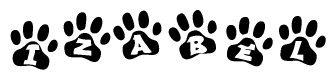 The image shows a row of animal paw prints, each containing a letter. The letters spell out the word Izabel within the paw prints.