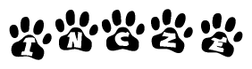 The image shows a series of animal paw prints arranged horizontally. Within each paw print, there's a letter; together they spell Incze