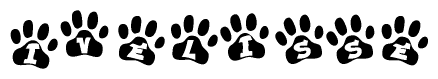 The image shows a series of animal paw prints arranged in a horizontal line. Each paw print contains a letter, and together they spell out the word Ivelisse.