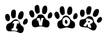 The image shows a series of animal paw prints arranged in a horizontal line. Each paw print contains a letter, and together they spell out the word Ivor.