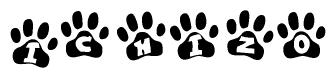 The image shows a row of animal paw prints, each containing a letter. The letters spell out the word Ichizo within the paw prints.