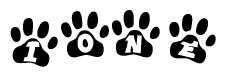 The image shows a series of animal paw prints arranged in a horizontal line. Each paw print contains a letter, and together they spell out the word Ione.