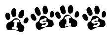 The image shows a series of animal paw prints arranged horizontally. Within each paw print, there's a letter; together they spell Isis