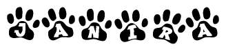 The image shows a series of animal paw prints arranged horizontally. Within each paw print, there's a letter; together they spell Janira