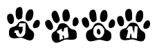 The image shows a row of animal paw prints, each containing a letter. The letters spell out the word Jhon within the paw prints.