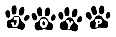 The image shows a row of animal paw prints, each containing a letter. The letters spell out the word Joyp within the paw prints.