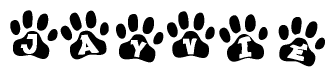 The image shows a row of animal paw prints, each containing a letter. The letters spell out the word Jayvie within the paw prints.