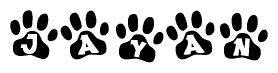 The image shows a row of animal paw prints, each containing a letter. The letters spell out the word Jayan within the paw prints.