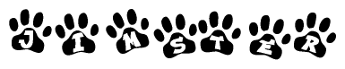 The image shows a series of animal paw prints arranged horizontally. Within each paw print, there's a letter; together they spell Jimster