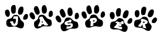 The image shows a series of animal paw prints arranged in a horizontal line. Each paw print contains a letter, and together they spell out the word Jasper.