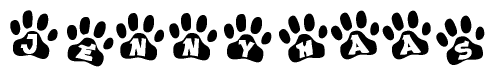 The image shows a row of animal paw prints, each containing a letter. The letters spell out the word Jennyhaas within the paw prints.