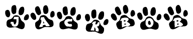 The image shows a row of animal paw prints, each containing a letter. The letters spell out the word Jackbob within the paw prints.