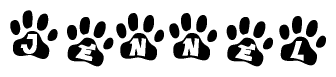 The image shows a series of animal paw prints arranged in a horizontal line. Each paw print contains a letter, and together they spell out the word Jennel.
