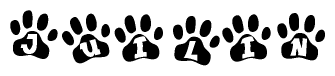 The image shows a series of animal paw prints arranged in a horizontal line. Each paw print contains a letter, and together they spell out the word Juilin.