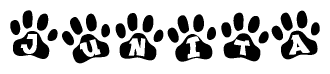 The image shows a row of animal paw prints, each containing a letter. The letters spell out the word Junita within the paw prints.