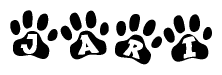 The image shows a row of animal paw prints, each containing a letter. The letters spell out the word Jari within the paw prints.