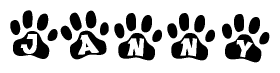 The image shows a series of animal paw prints arranged horizontally. Within each paw print, there's a letter; together they spell Janny