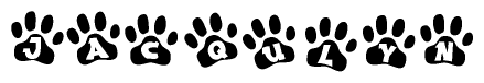 The image shows a row of animal paw prints, each containing a letter. The letters spell out the word Jacqulyn within the paw prints.
