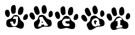 The image shows a series of animal paw prints arranged horizontally. Within each paw print, there's a letter; together they spell Jacqi