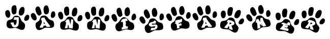 The image shows a series of animal paw prints arranged horizontally. Within each paw print, there's a letter; together they spell Jannisfarmer