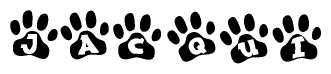 The image shows a row of animal paw prints, each containing a letter. The letters spell out the word Jacqui within the paw prints.