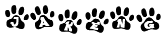 The image shows a series of animal paw prints arranged horizontally. Within each paw print, there's a letter; together they spell Jakeng